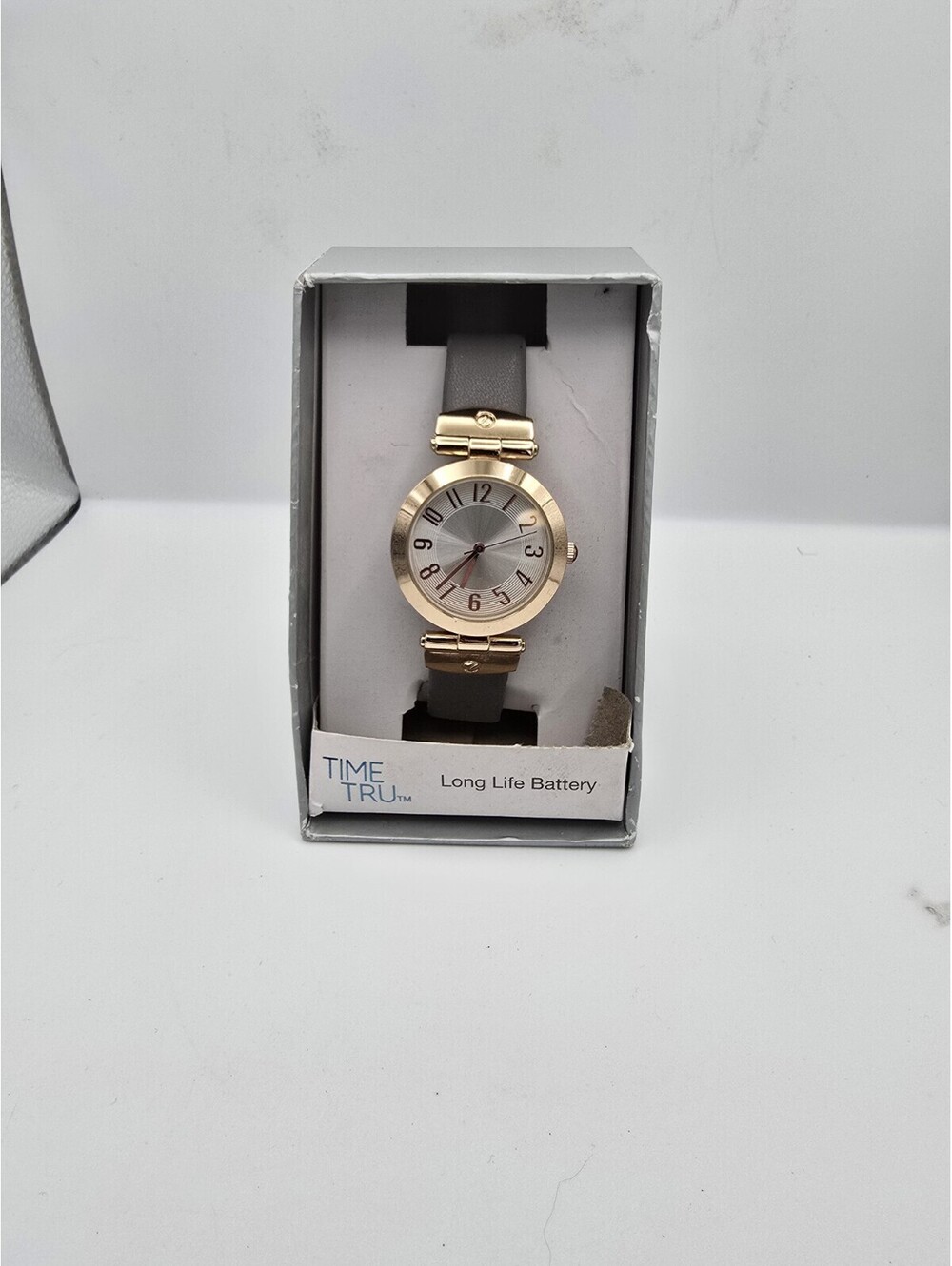 Time and Tru FMDOTT039 Ladies Crystal Accents Watch Gold Tone Grey Strap